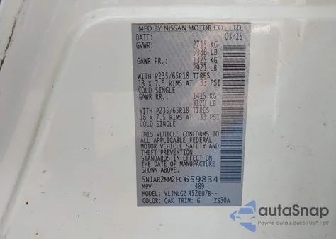 2015 Nissan Pathfinder Sl z USA, uszkodzony, nr VIN 5N1AR2MM2FC659834